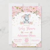 Pink Floral Whimsical Elephant Girl Baby Dusche Einladung (Vorderseite)