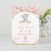 Pink Floral Whimsical Elephant Girl Baby Dusche Einladung (Stehend Vorderseite)