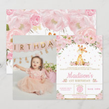 Pink Floral Whimsil Giraffe Girl Geburtstags-Foto