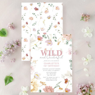 Pink Floral Wild & Onederful Girl 1. Geburtstag Einladung