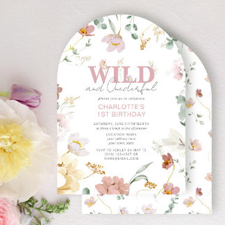 Pink Floral Wild & Onederful Girl 1. Geburtstag Einladung