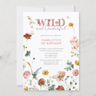 Pink Floral Wild & Onederful Girl 1. Geburtstag Einladung