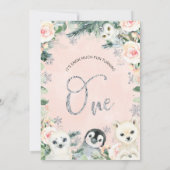 Pink Floral Winter Animals 1. Geburtstag Einladung (Rückseite)