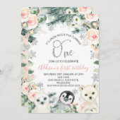 Pink Floral Winter Animals 1. Geburtstag Einladung (Vorne/Hinten)