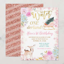Pink Floral Winter Onederland Sleigh Geburtstag Einladung