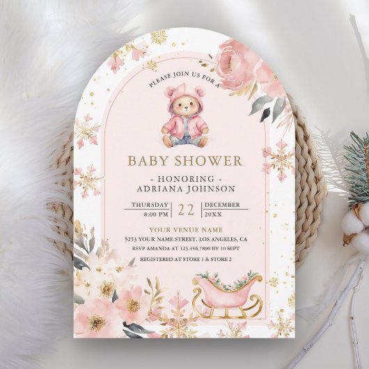 Pink Floral Winter Teddy Bear Arch Babydusche Einladung