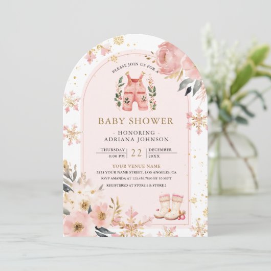 Pink Floral Winter Wonderland Arch Baby Dusche Einladung (Stehend Vorderseite)