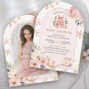Pink Floral Winter Wonderland Foto Babydusche Einladung