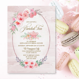Pink Floral Wood Bridal Tea Bridal Shower Einladung