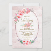 Pink Floral Wood Tee Party Babydusche Einladung (Vorderseite)