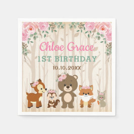 Pink Floral Woodland 1. Geburtstag Girl Babydusche Serviette