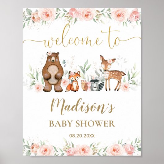 Pink Floral Woodland Animal Baby Dusche Empfang Poster (Vorne)