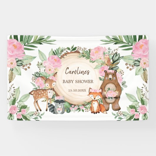 Pink Floral Woodland Animals Girl Baby Dusche Banner (Horizontal)
