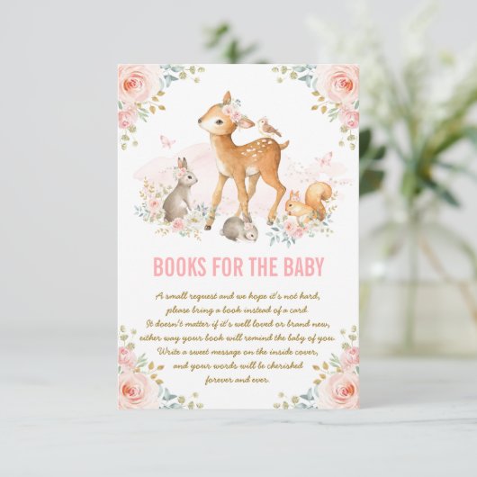 Pink Floral Woodland Deer Bunny Books for Baby Begleitkarte (Stehend Vorderseite)