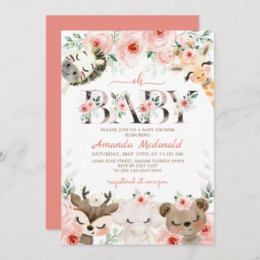 Pink Floral Woodland Girl Babydusche Einladung (Vorne/Hinten)