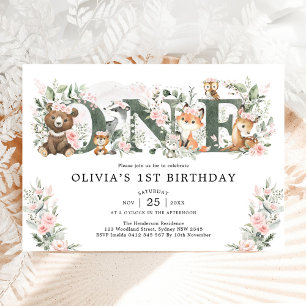 Pink Floral Woodland Tiere 1. Geburtstagskind Einladung