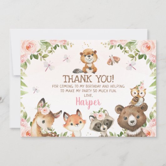 Pink Floral Woodland Tiere Danke Karte (Vorderseite)