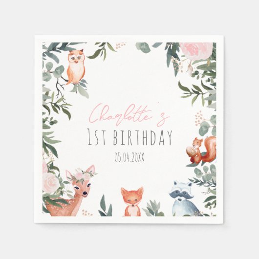 Pink Floral Woodland Tiere Geburtstag Napkins Serviette (Vorderseite)