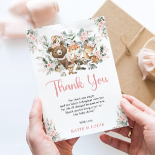 Pink Floral Woodland Tiere Grüne Kinderdusche Dankeskarte
