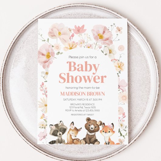 Pink Floral Woodland Tiere Kinderdusche Einladung