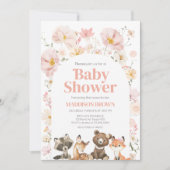 Pink Floral Woodland Tiere Kinderdusche Einladung (Vorderseite)