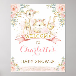Pink Floral Woodland Tiere Kinderdusche Empfang Poster