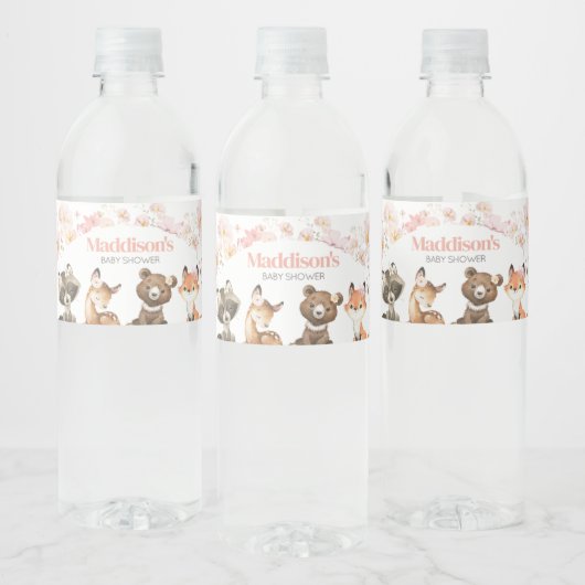 Pink Floral Woodland Tiere Kinderdusche Wasserflaschenetikett (Flaschen)