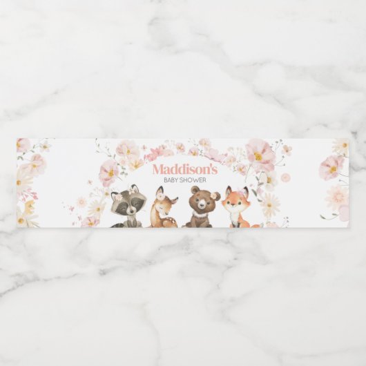 Pink Floral Woodland Tiere Kinderdusche Wasserflaschenetikett (Einzelnes Label)