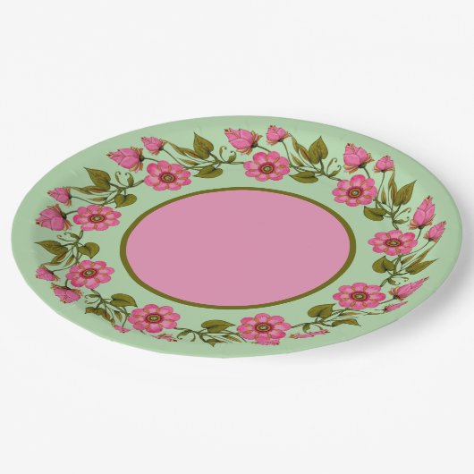 Pink Floral Wreaaths | Papierplatte Pappteller (Schrägansicht)