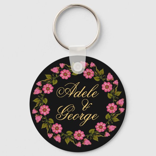 Pink Floral Wreaaths | Unser Hochzeitstag-Schlüsse Schlüsselanhänger (Vorderseite)