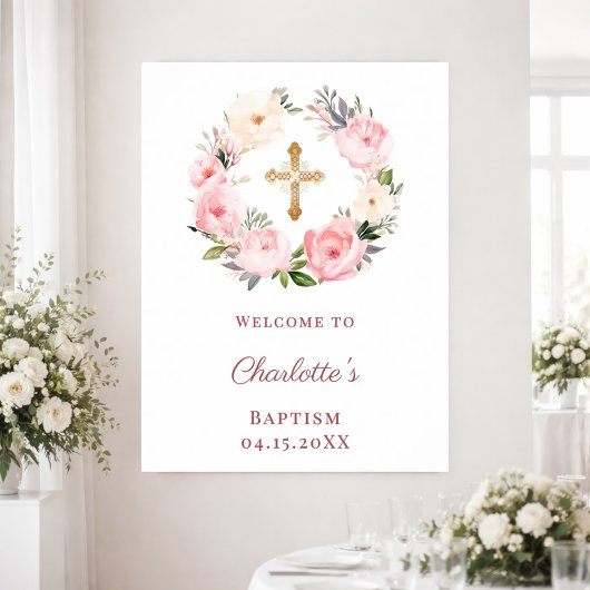 Pink floral wreath Baptism welcome Poster
