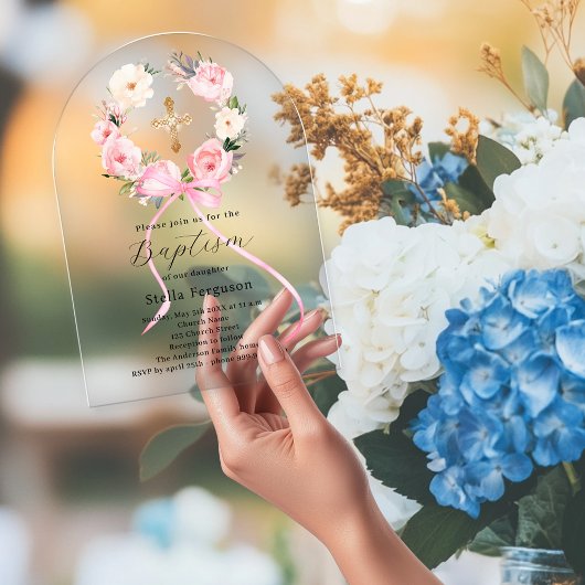 Pink floral wreath bow cross girl baptism arch acryleinladungen