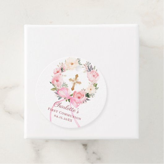 Pink floral wreath bow First Communion DIY Geschenkanhänger (Beispiel)