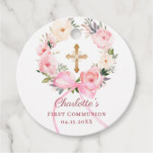 Pink floral wreath bow First Communion DIY Geschenkanhänger (Vorderseite)