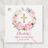 Pink floral wreath bow First Communion DIY Geschenkanhänger (Vorderseite)