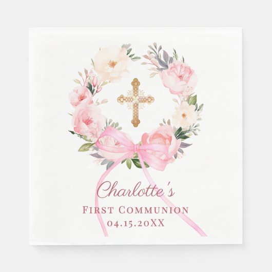 Pink floral wreath bow First Communion luncheon Serviette (Vorderseite)