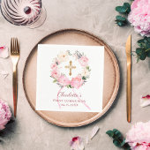Pink floral wreath bow First Communion luncheon Serviette