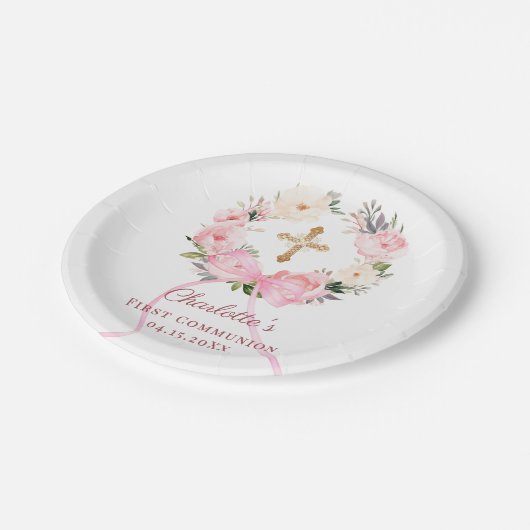 Pink floral wreath bow First Communion Pappteller (Schrägansicht)