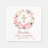 Pink floral wreath bow First Communion Serviette (Vorderseite)