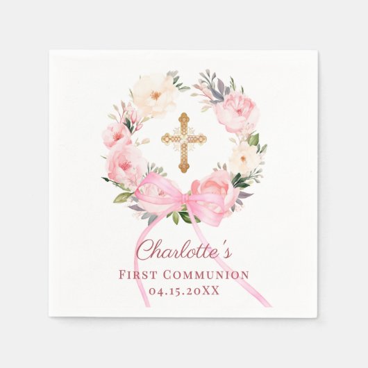 Pink floral wreath bow First Communion Serviette (Vorderseite)