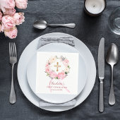 Pink floral wreath bow First Communion Serviette