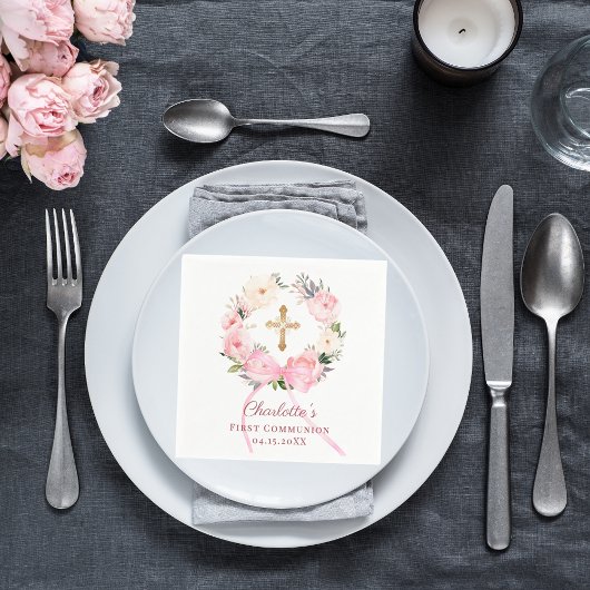 Pink floral wreath bow First Communion Serviette