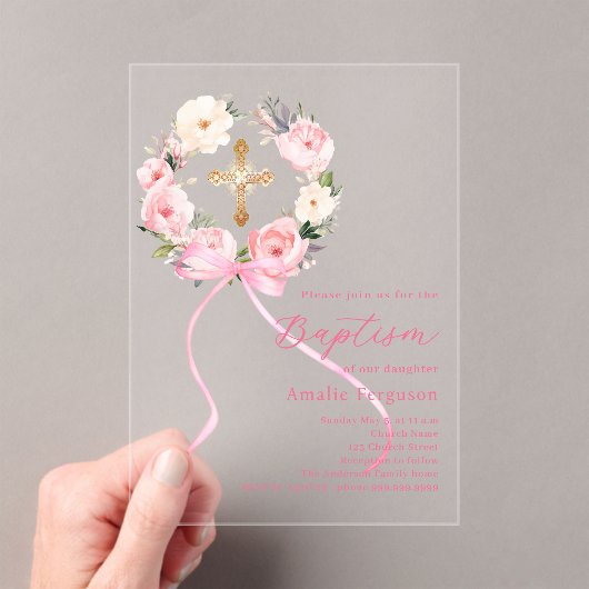 Pink floral wreath cross bow girl baptism clear acryleinladungen (Insitu (Handheld))