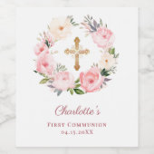 Pink floral wreath cross First Communion Weinetikett (Einzelnes Label)
