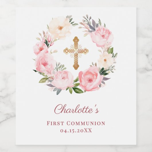 Pink floral wreath cross First Communion Weinetikett (Einzelnes Label)