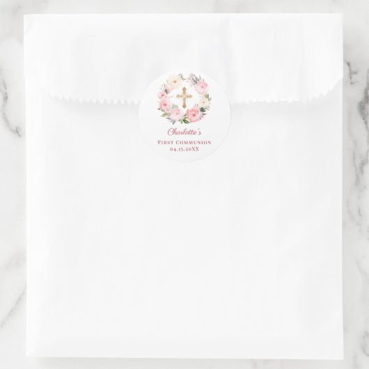 Pink floral wreath First Communion Runder Aufkleber (Tasche)