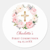 Pink floral wreath First Communion Runder Aufkleber (Vorderseite)