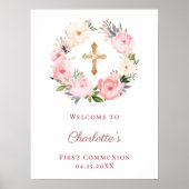 Pink floral wreath First Communion welcome Poster (Vorne)