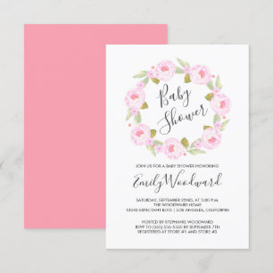 Pink Floral Wreath Girl Babydusche Einladung