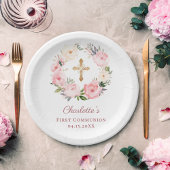 Pink floral wreath girl First Communion Pappteller